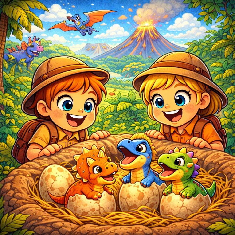 Illustration of two children in a personalised dinosaur storybook, discovering a dinosaur nest with eggs in a colourful prehistoric jungle.