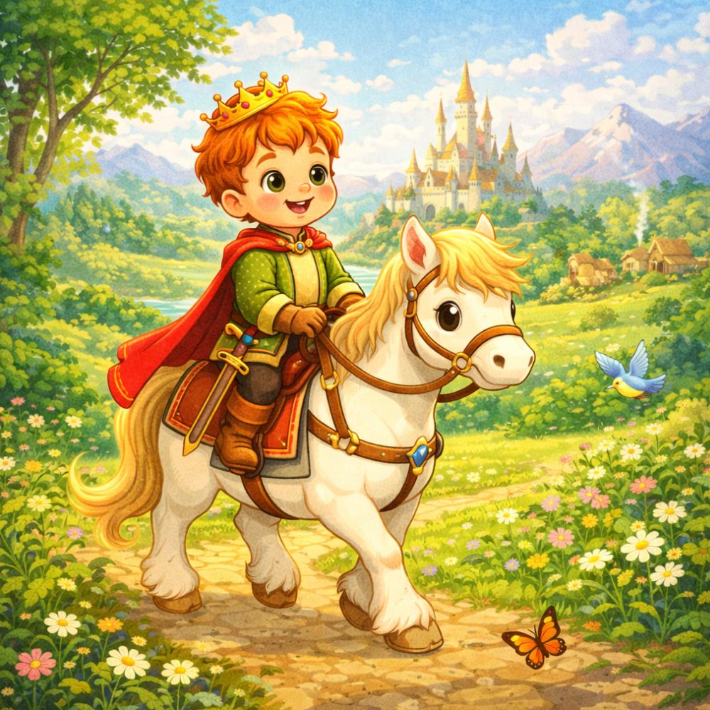 Illustration of a young prince riding a white horse through a countryside path with a castle in the distance
