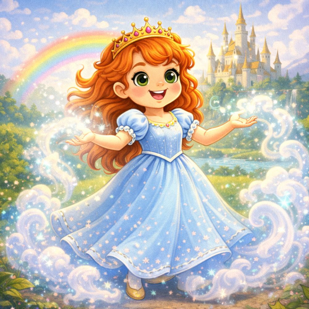 Illustrated princess in a blue dress standing on clouds with a magical castle in the background, fantasy children’s book artwork.