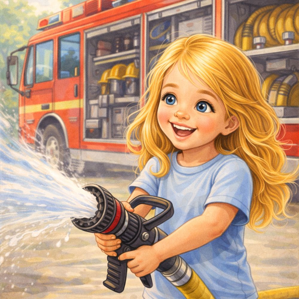 Illustrated young child holding a fire hose and smiling in front of a fire engine, in a personalised children’s storybook illustration style.