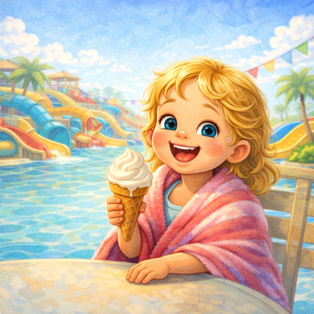 Illustration of a smiling young child wrapped in a pink towel at a water park, holding an ice cream with colourful slides and blue pools in the background.