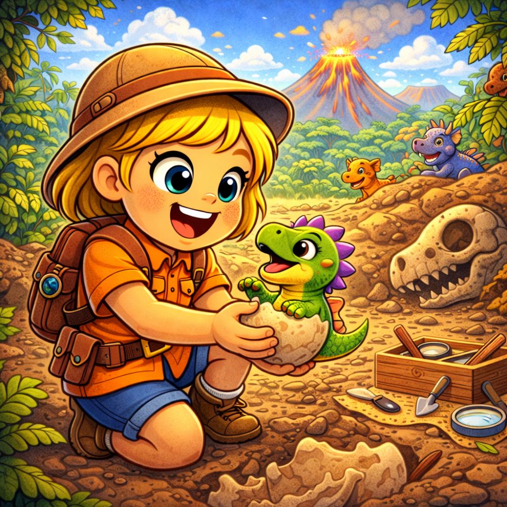 Illustration of a child in a personalised dinosaur storybook, holding a baby dinosaur in a colourful prehistoric landscape.