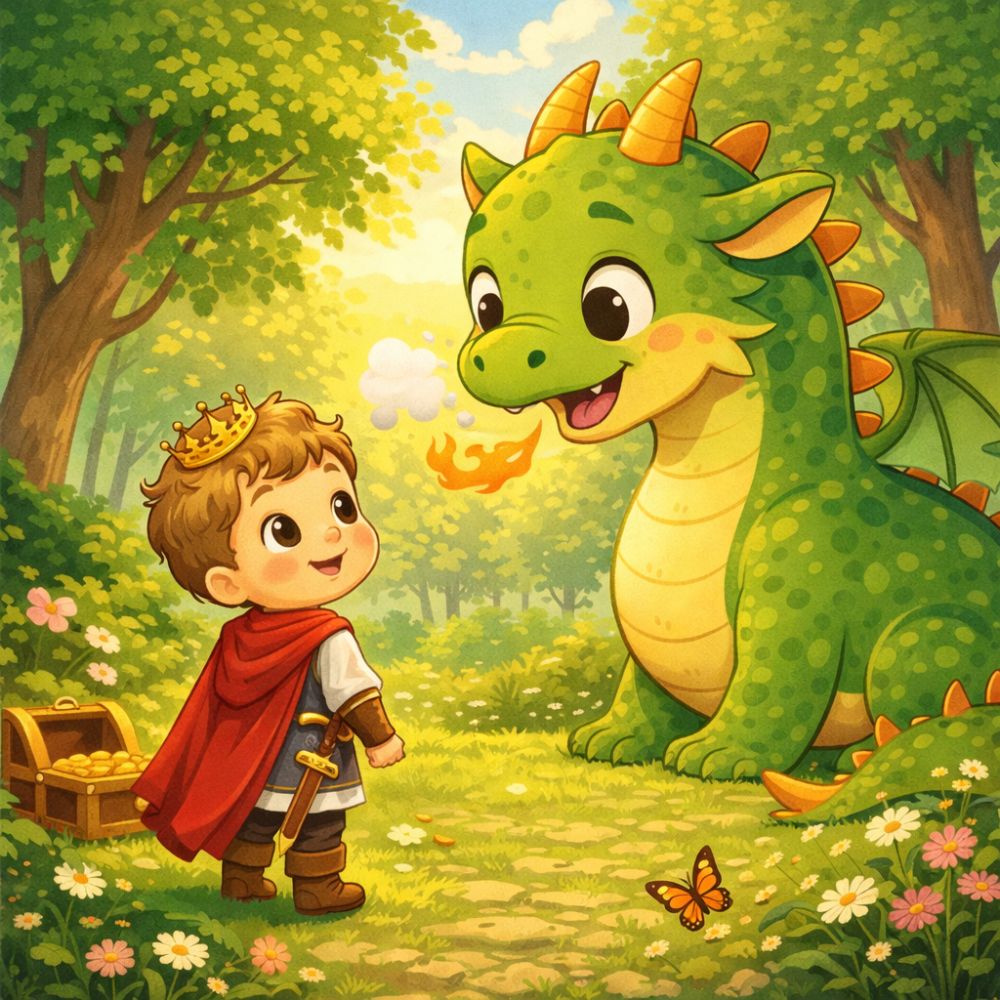 Illustration of a young prince standing in a forest meeting a friendly green dragon