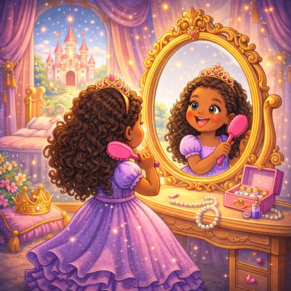 Illustrated princess in a purple dress looking into a magical mirror inside a fairytale bedroom, fantasy children’s book artwork.