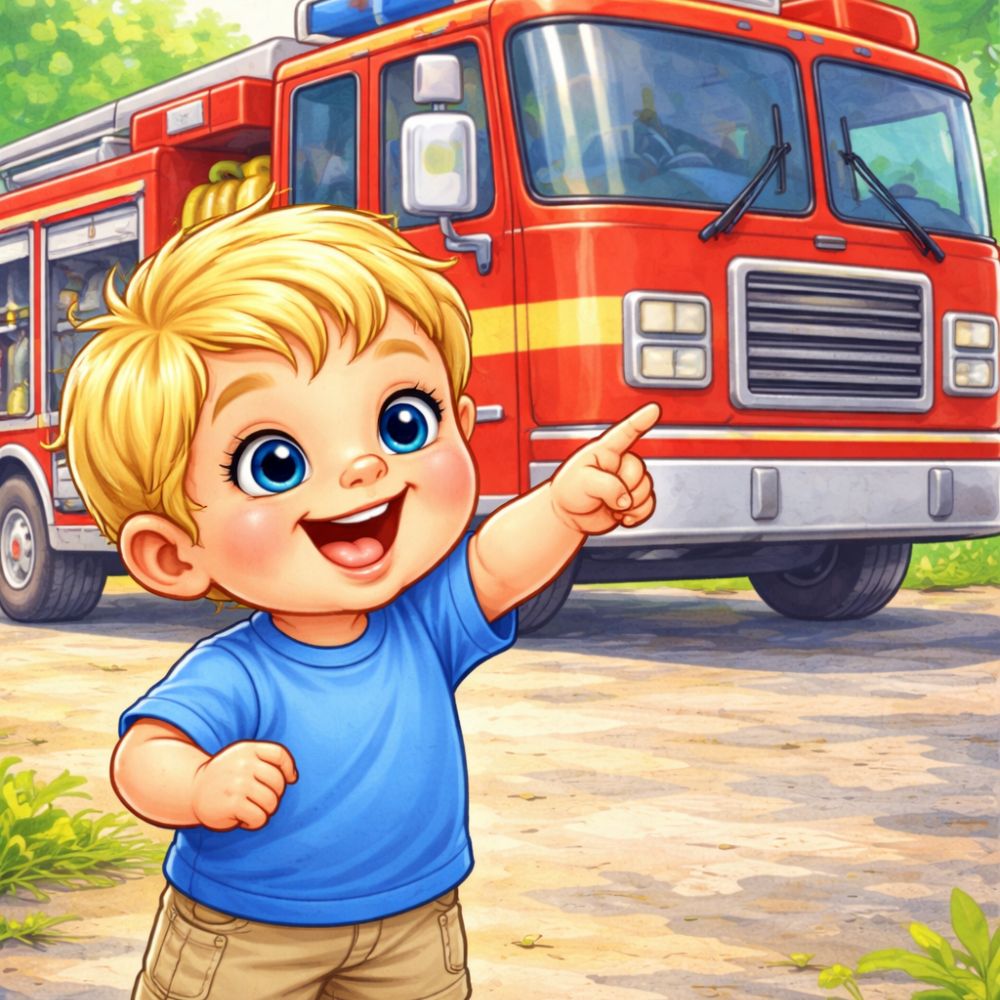 Illustrated young child pointing excitedly at a red fire engine outside a fire station, in a personalised children’s storybook illustration style.