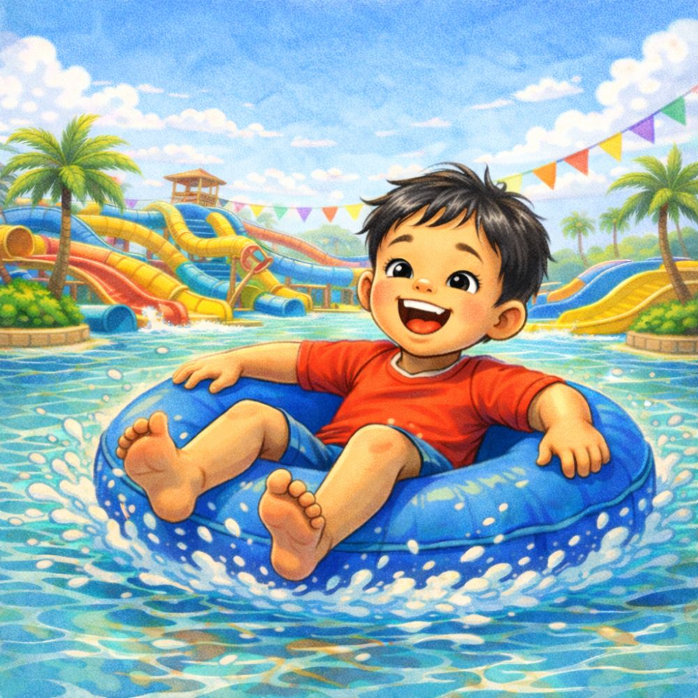 Illustration of a happy young child floating on a blue inflatable ring in a water park pool, smiling as colourful slides, bunting and palm trees appear in the background.