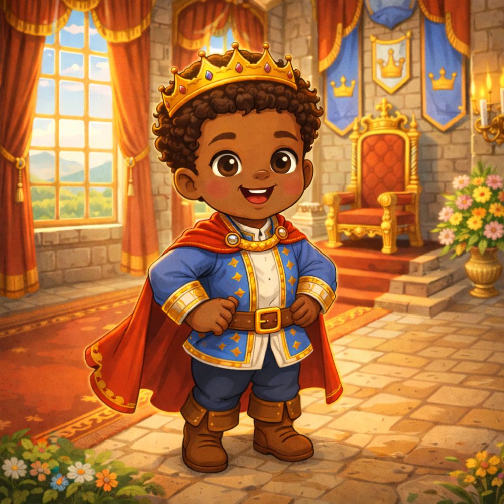 Illustration of a young prince standing inside a royal palace wearing a crown and royal clothing