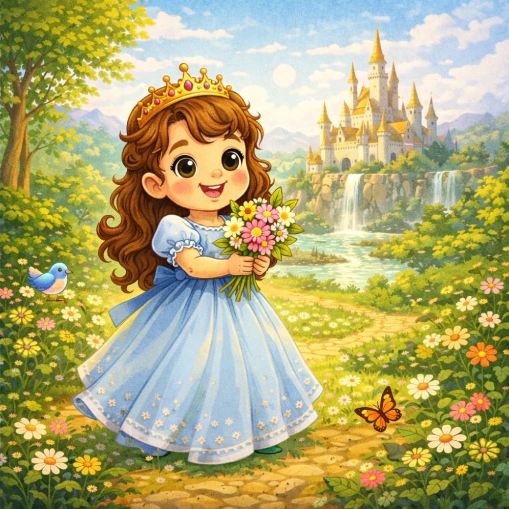 Illustrated princess in a blue dress holding flowers in a sunny meadow, with a fairytale castle in the background, fantasy children’s book artwork.