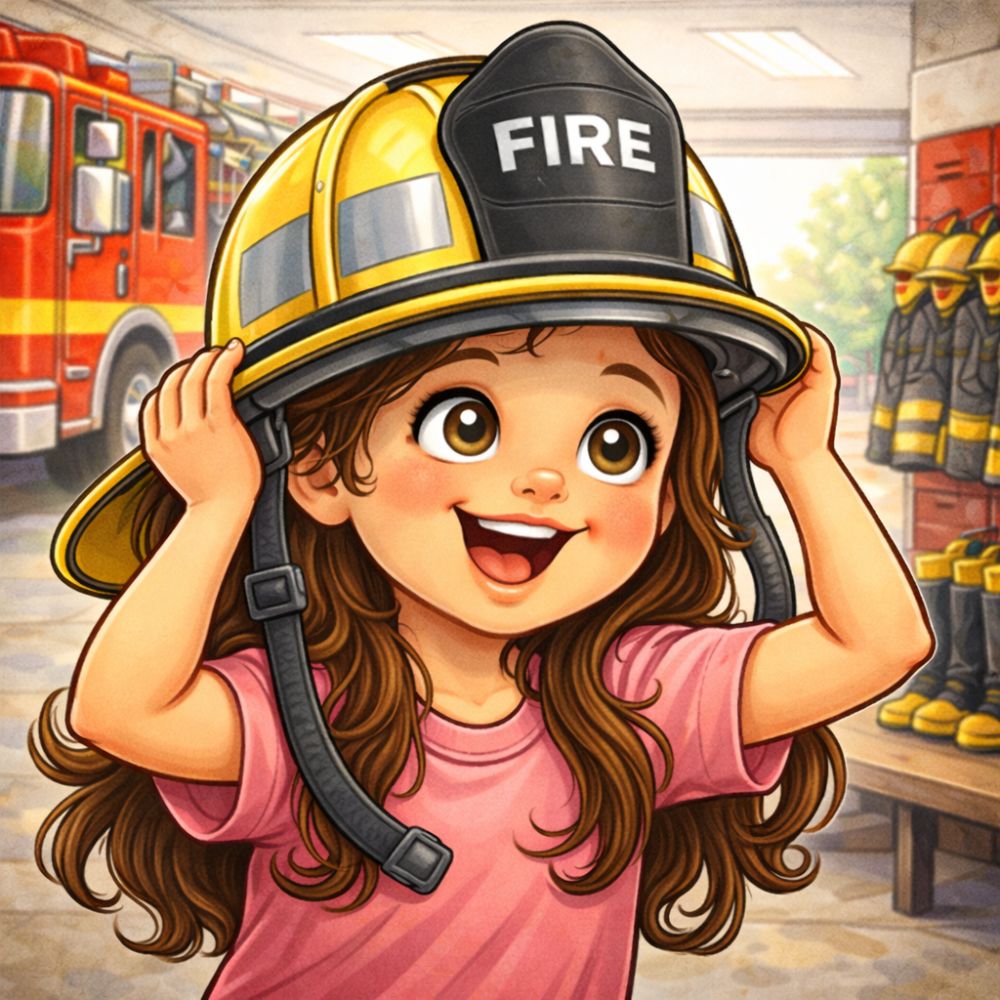 Illustrated young child wearing a firefighter helmet and smiling inside a fire station, in a personalised children’s storybook illustration style.