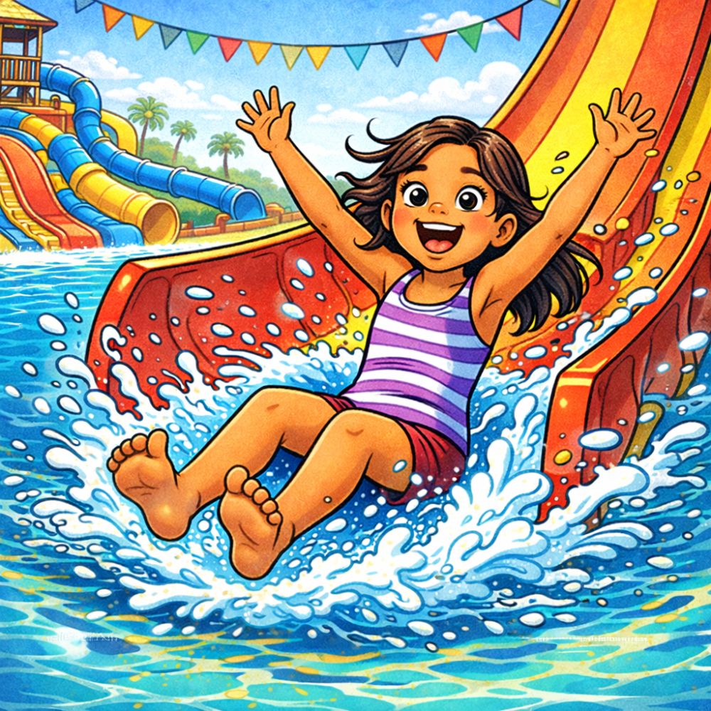 Illustration of a joyful young child sliding down a bright water slide into a pool, splashing water as colourful slides and festive bunting fill the background.