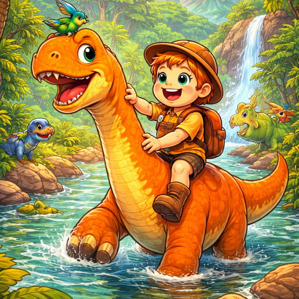 Illustration of a child riding a friendly dinosaur in a personalised storybook adventure, set in a colourful prehistoric world.