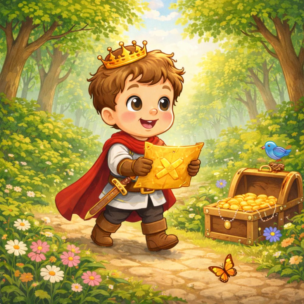 Illustration of a young prince holding a golden treasure chest on a forest path surrounded by flowers