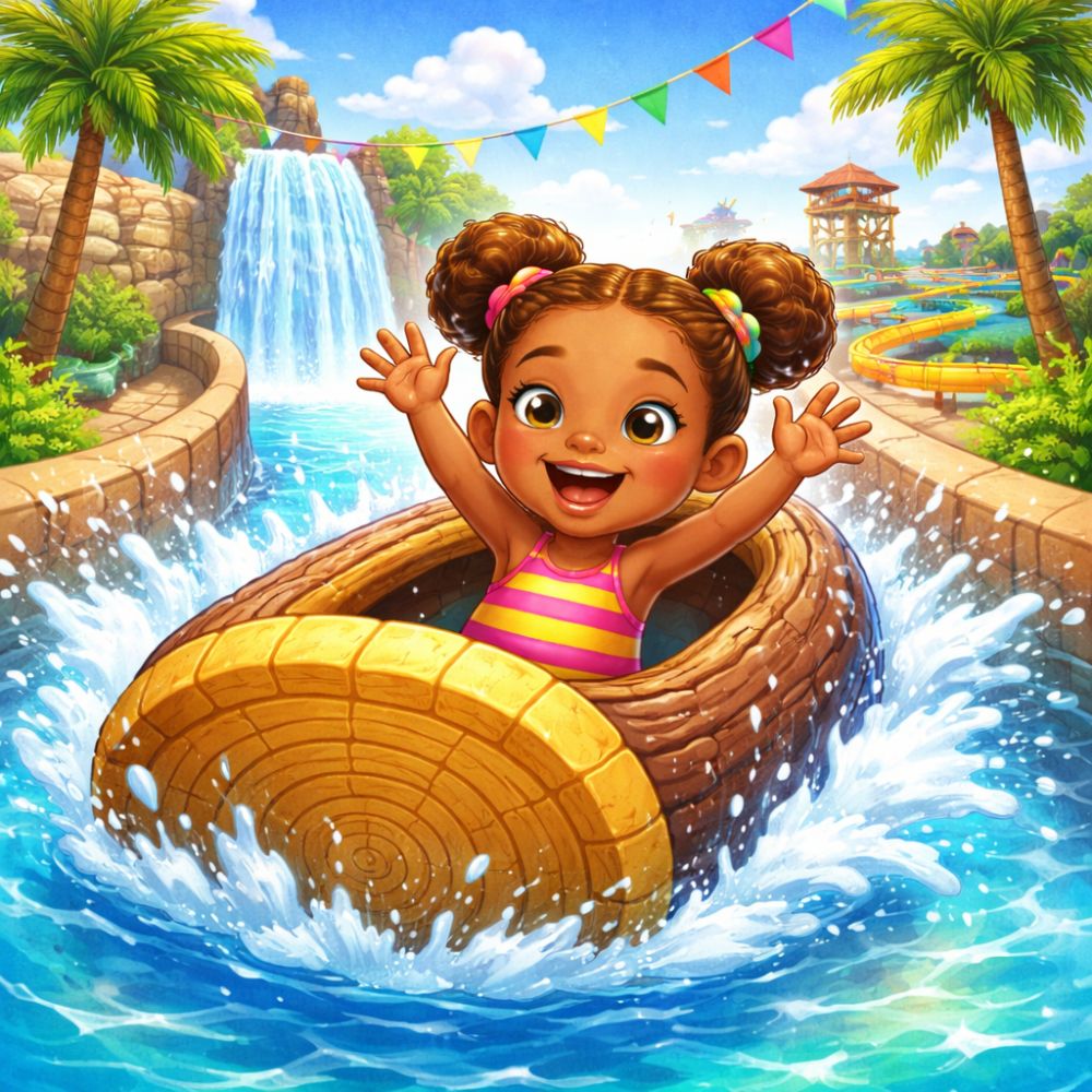 Illustration of a smiling young child riding a log shaped water ride through a water park, splashing through blue water with palm trees and waterfalls in the background.