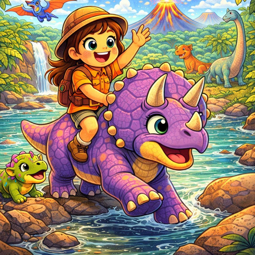 Illustration of a child riding a friendly triceratops in a personalised dinosaur storybook, exploring a colourful prehistoric landscape.