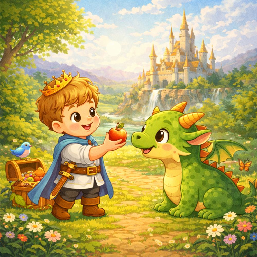 Illustration of a young prince meeting a friendly dragon on a path leading to a distant castle