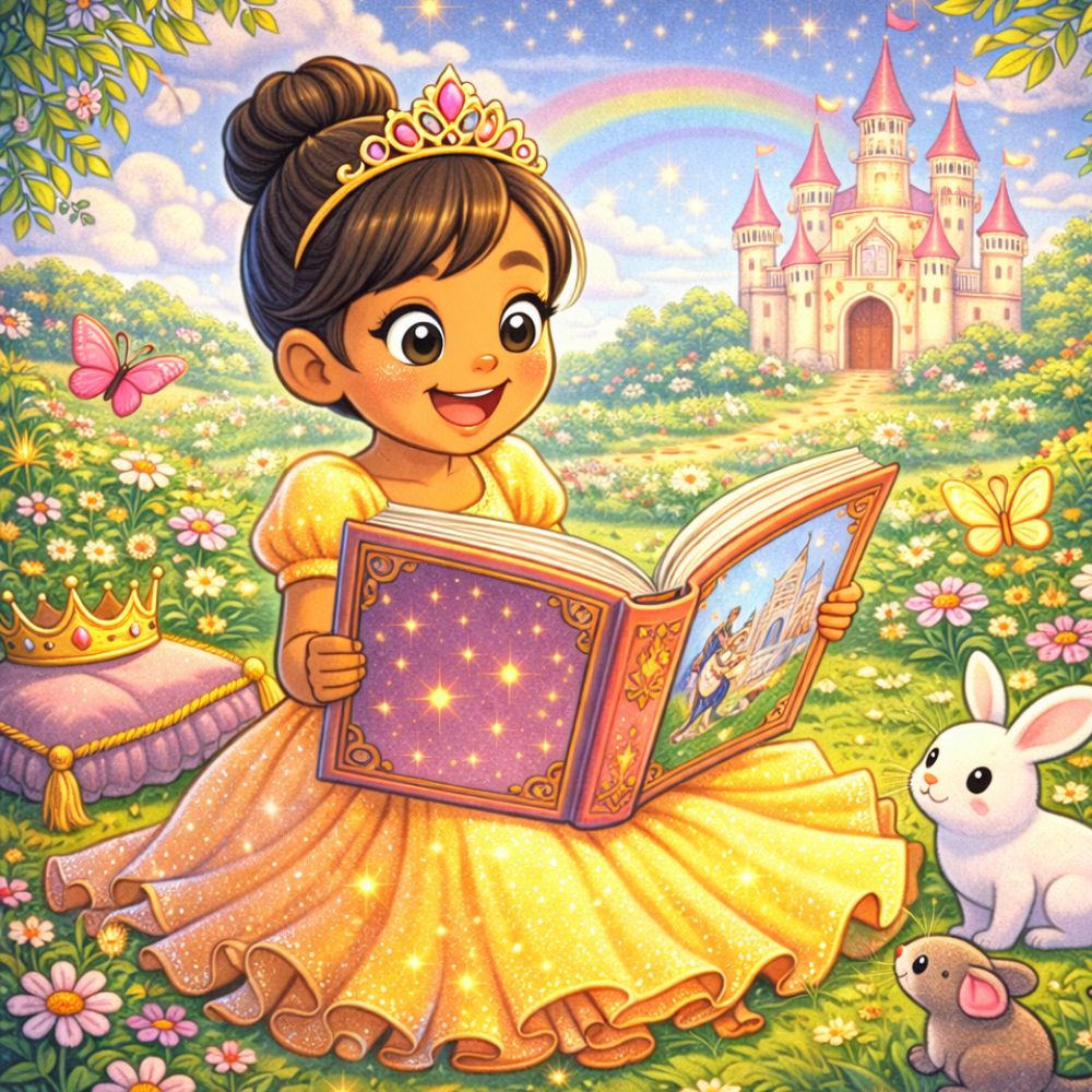 Illustrated princess in a yellow dress reading a storybook in a flower filled garden, with a fairytale castle and rabbit nearby, fantasy children’s book artwork.