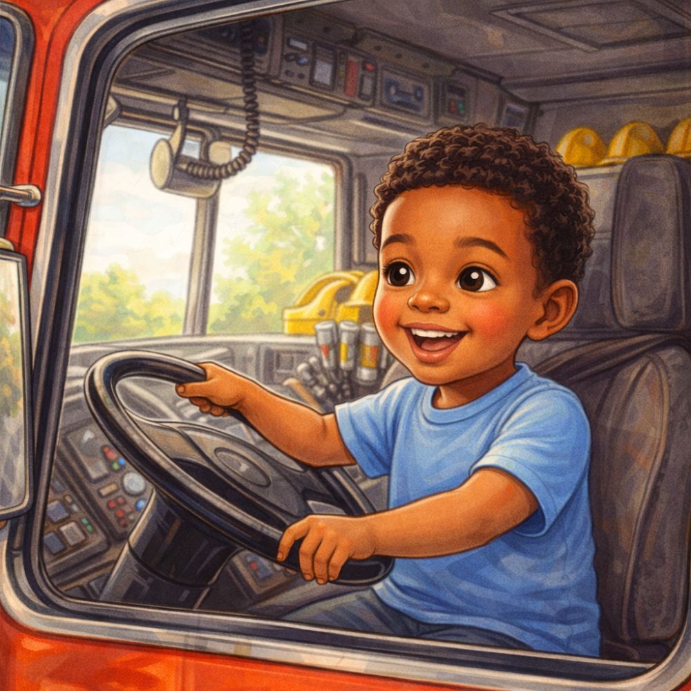 Illustrated young child sitting in the driver’s seat of a fire engine and smiling, in a personalised children’s storybook illustration style.