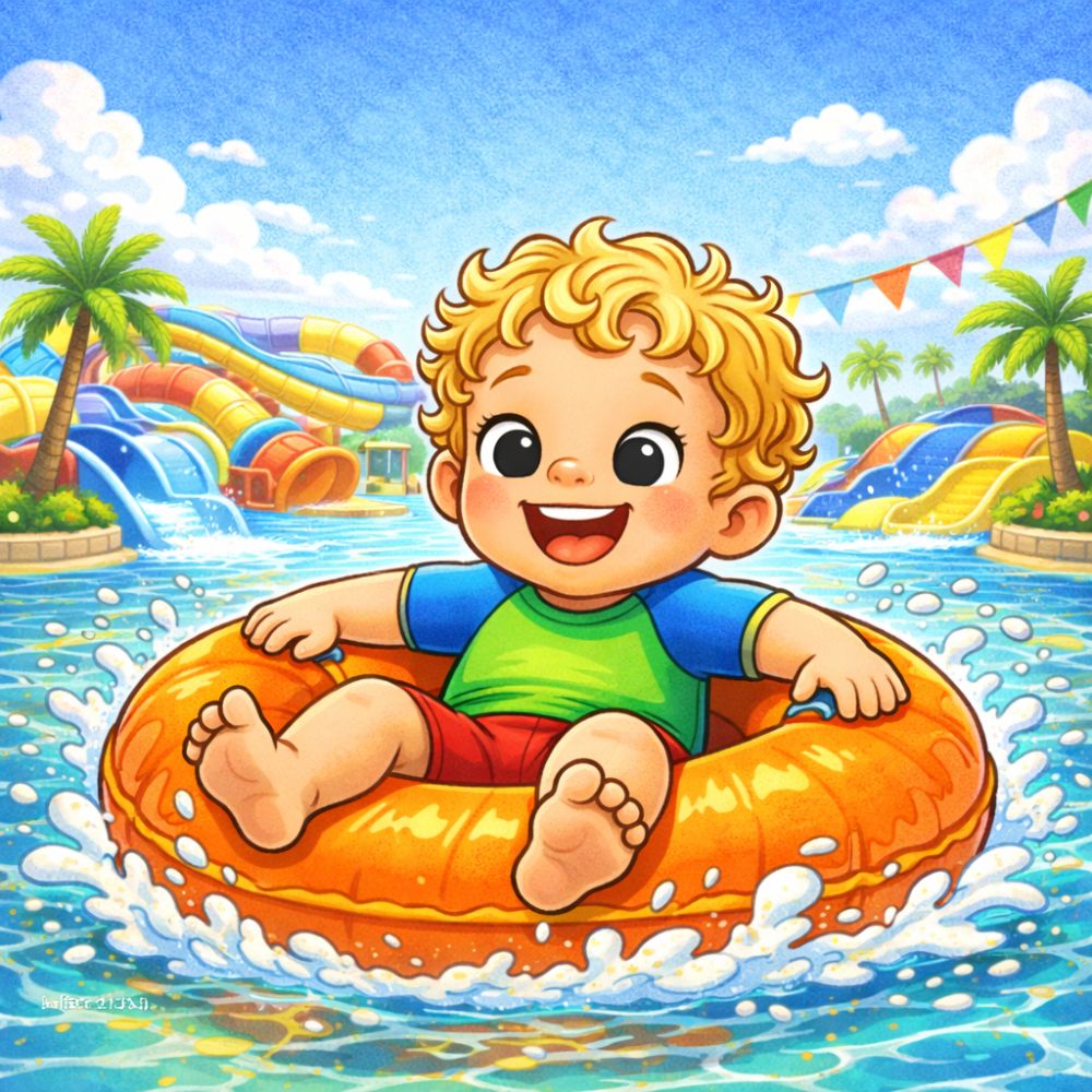 Illustration of a smiling young child floating on an orange inflatable ring in a bright blue water park pool with slides and palm trees in the background.