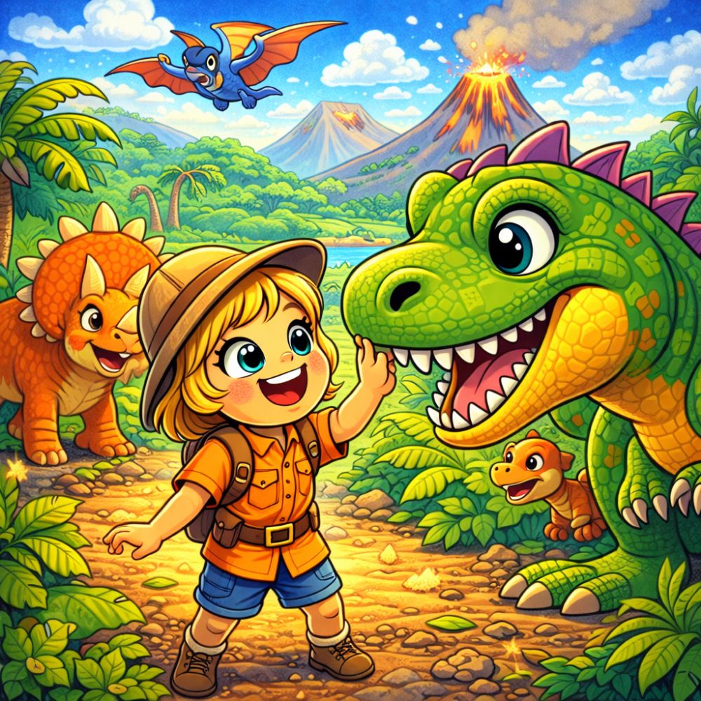 Illustration of a child meeting a friendly dinosaur in a personalised storybook adventure, set in a bright prehistoric jungle.