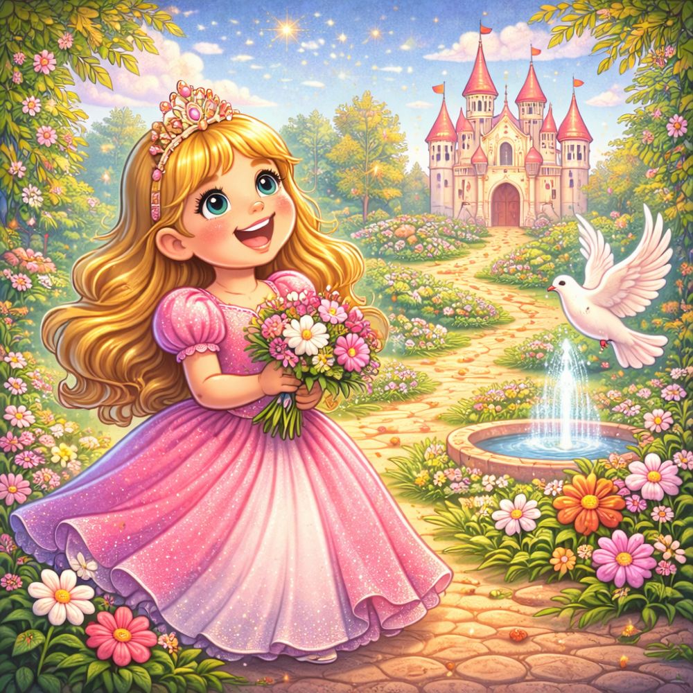 Illustrated princess in a pink dress holding flowers in a colourful garden, with a white dove and fairytale castle in the background, fantasy children’s book artwork.