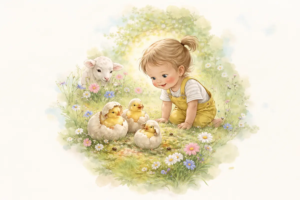 Small child with baby chickens at Easter