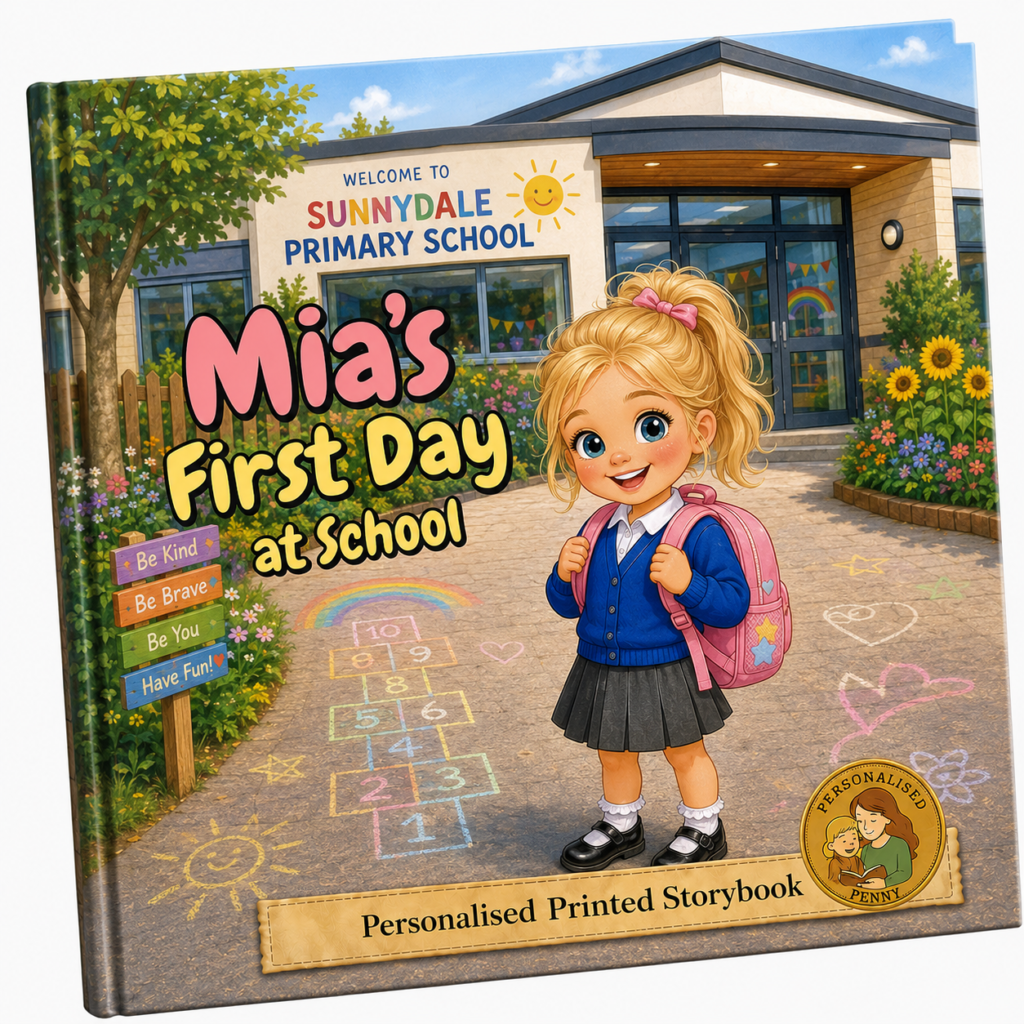 Personalised first day at school storybook featuring a child with a backpack standing outside a primary school.