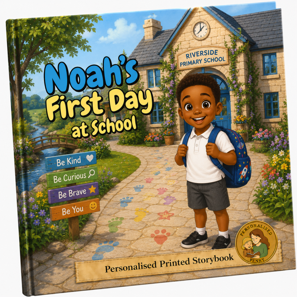 Personalised first day at school storybook featuring a child with a backpack standing outside a primary school.